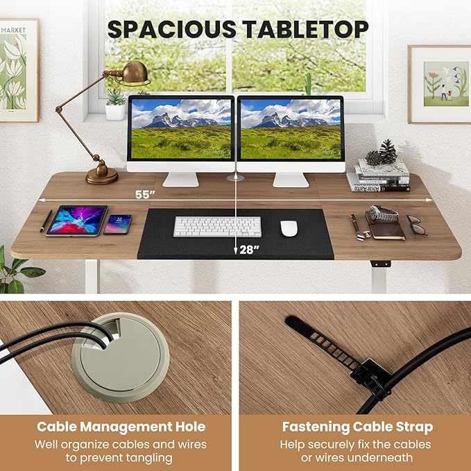 GOFLAME Height Adjustable Electric Standing Desk, 55 x 28 Inch Sit Stand Up Electric Desk with Headphone Hook, Ergonomic Standing Workstation, Electric Standing Desk with Metal Frame, Natural-DeskLoop Office