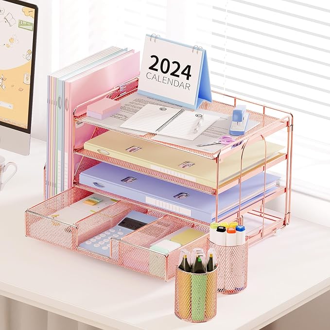 Desk Organizer and Accessories, 4-Tier Desktop File Organizer with Drawer and 2 Pen Holders, Office Desk Accessories for Office Supplies(Rose Gold)-DeskLoop Office