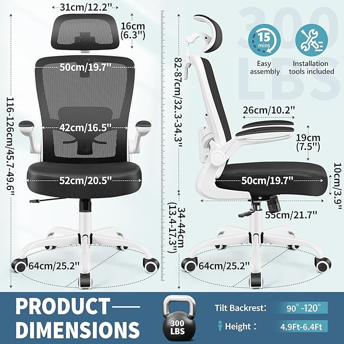 FelixKing Ergonomic Office Chair, Headrest Desk Chair with Adjustable Lumbar Support, Home Office Swivel Task Chair with High Back and Armrest, Adjustable Height Gaming Chair (White)-DeskLoop Office