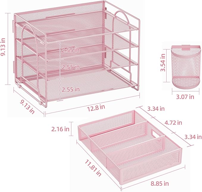 Marbrasse Desk Organizer and Accessories4-Tier Paper File Letter Tray Accessories & Workspace Desk Organizers with Drawer and 2 Pen Holders for School Home Office Supplies(Pink)-DeskLoop Office