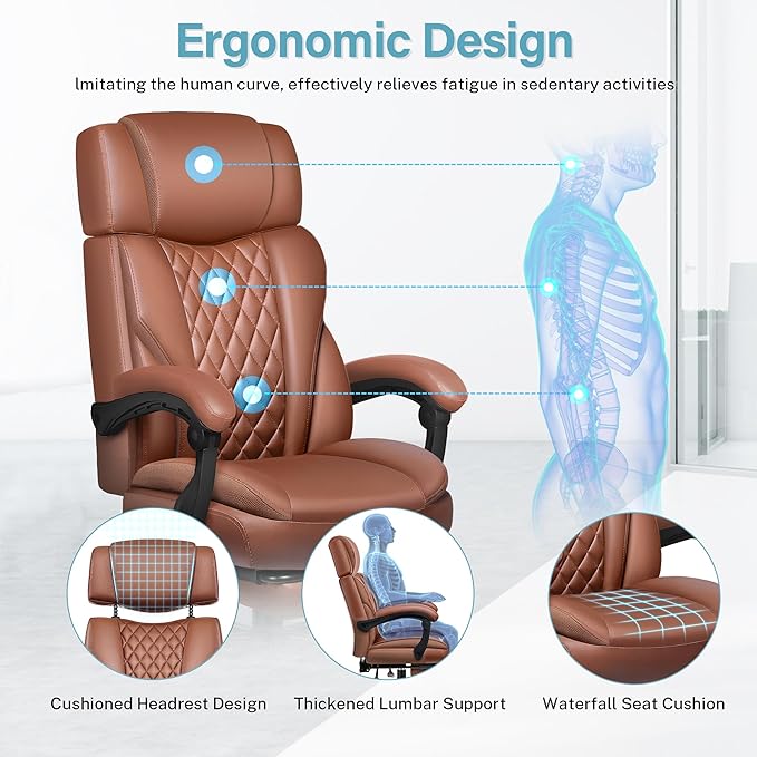 Executive Leather Office Chair, Big and Tall Office Chair with Footrest Home Office Desk Chairs, Ergonomic Computer Desk Chair with Lumbar Support, Reclining Office Chairs with Adjustable Angle-DeskLoop Office
