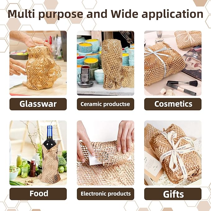 Honeycomb Packing Paper Wrap 12"x100' Sustainable Alternative to Bubble Wrap for Moving Shipping/Gift, Biodegradable & Fully Recyclable Bubble Paper Wrapping with 20 Fragile Sticker……-DeskLoop Office