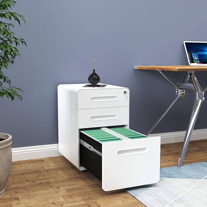 YITAHOME 3 Drawer Mobile File Cabinet, Metal Vertical File Cabinet with Lock, Filing Cabinet Under Desk fits Legal/A4 Size for Home Office, Fully Assembled, White-DeskLoop Office