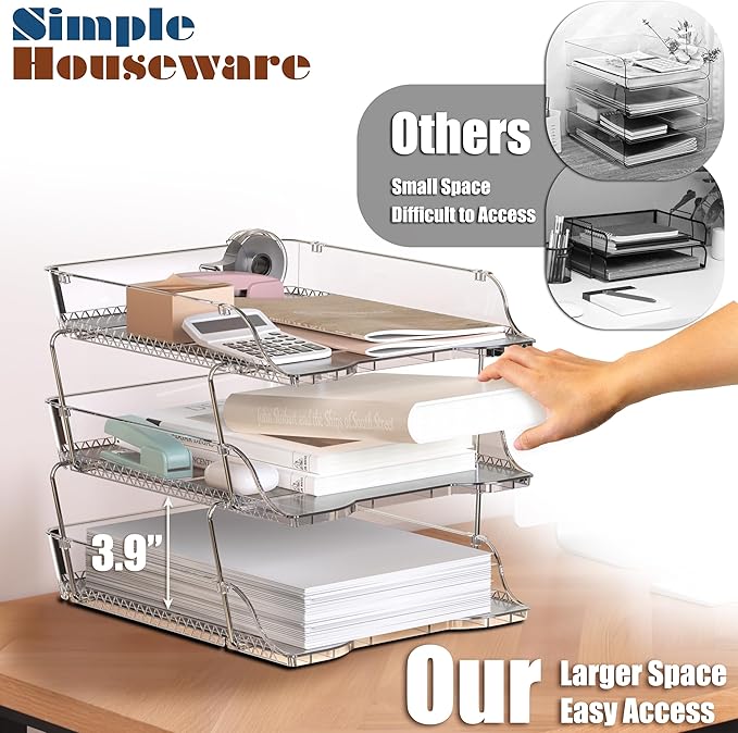 Simple Houseware 3-Tier Crystal Clear Stackable Document Letter Tray Paper Organizer – Desk Organizer for A4/Letter Size Documents, File Sorter, Paper Holder, Office Desktop File Storage, Acrylic Look-DeskLoop Office
