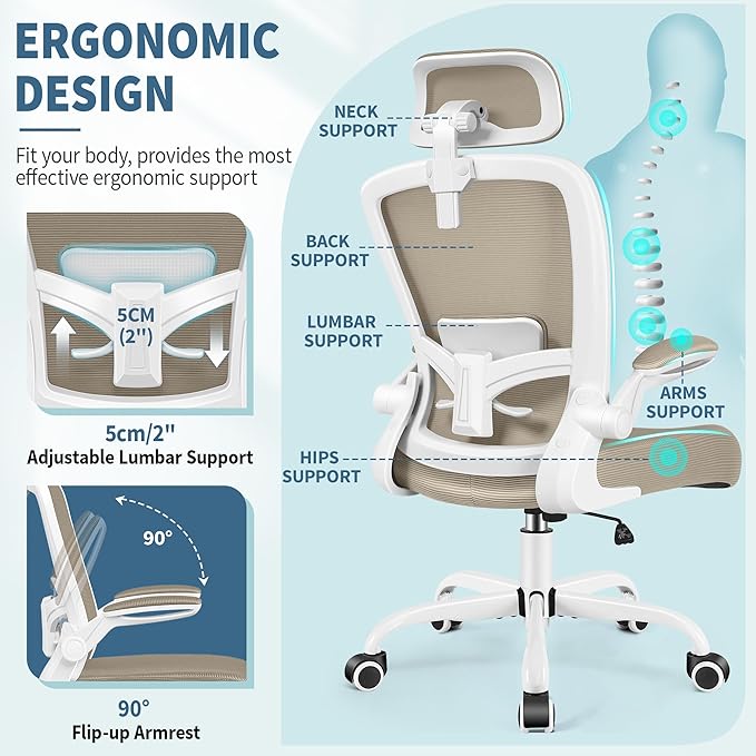 FelixKing Ergonomic Office Chair, Headrest Desk Chair Office Chair with Adjustable Lumbar Support, Home Office Swivel Task Chair with High Back and Armrest, Adjustable Height Gaming Chair(Khaki)-DeskLoop Office
