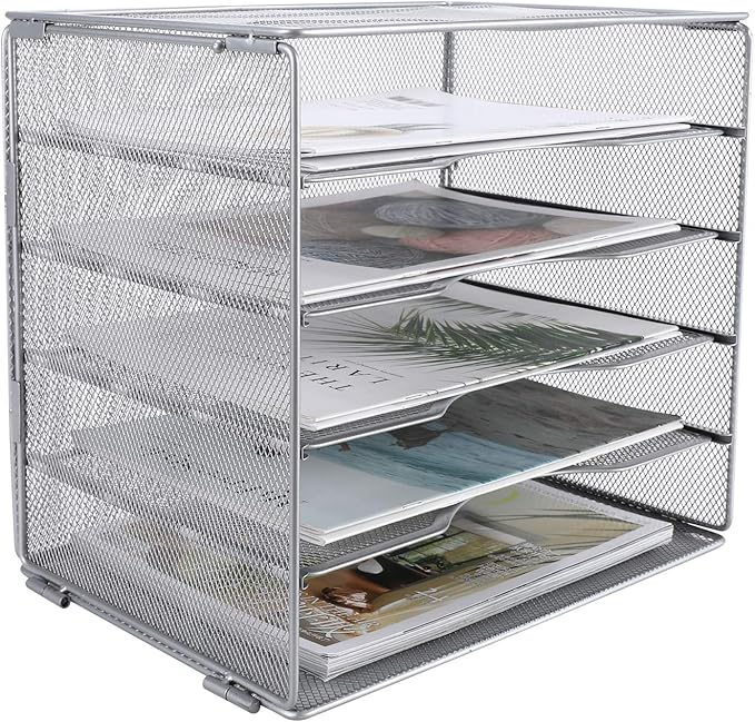 EasyPAG 5-Tier Mesh Desk File Organizer with Metal Frame, Screw-Free Assembly, Space Saving Letter Tray for Office/Home/School - A4 & Letter Size Paper Sorter, Silver-DeskLoop Office