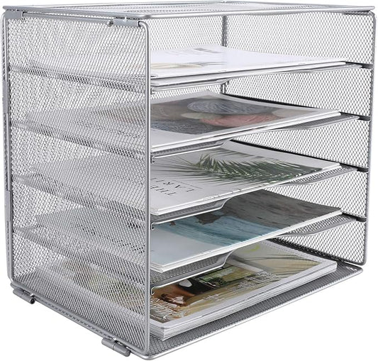 EasyPAG 5-Tier Mesh Desk File Organizer with Metal Frame, Screw-Free Assembly, Space Saving Letter Tray for Office/Home/School - A4 & Letter Size Paper Sorter, Silver-DeskLoop Office