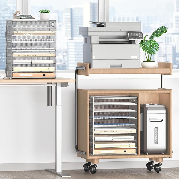 SUBEKYU 9 Tier Paper Organizer for Desk - Metal Mesh Letter Tray File Paper Sorter Organizer Include 6 Pcs Adjustable Height Slid Tray with Handles for Office School Home Organization Storage, Silver-DeskLoop Office