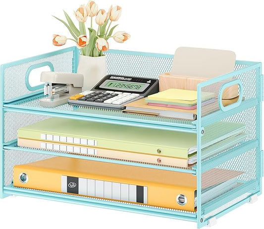 Subekyu 3 Tier Paper Desk Organizer with Handle and 1 PC Slideable Letter Tray, A4 Paper File Folder Sorter Metal Mesh Organizer for Home Office School Desk Supplies Organization Storage, Blue-DeskLoop Office