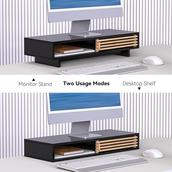 Monitor Stand Riser with Sliding Door, Computer Laptop Stand Desk Shelf Organizer with Storage (Black + Natural Bamboo, 25 Inch)-DeskLoop Office