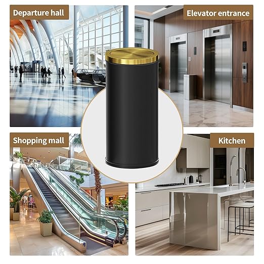 Brushed Gold Kitchen Trash Can with Swing Lid 7.8Gallon,Stainess Steel Commercial Garbage Can Wastebaskets for Shopping mall,Hotel Lobby,Airport, Alevator Using (Black with gold lid, 7.8 gallon)-DeskLoop Office