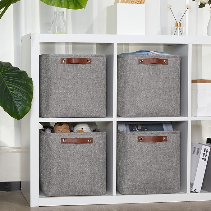 DULLEMELO Square Storage Cubes Baskets for Gifts Empty, 11 inch Cube Stroage Bins Linen Closet Organizers and Storage Baskets for Toy Nursery Shelves Bedroom Storage(4 Pack - 11" Grey)-DeskLoop Office