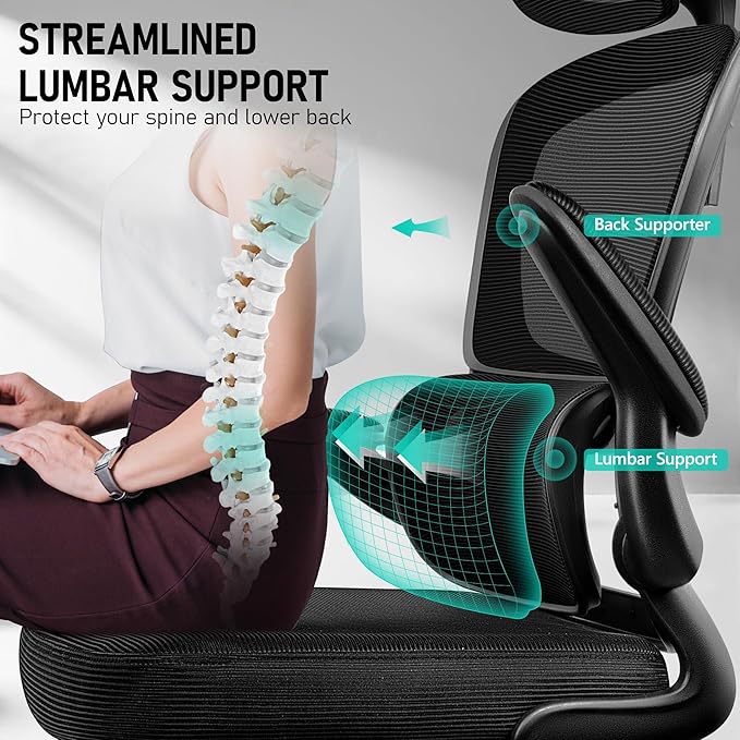 High Back Ergonomic Office Chair, Breathable Mesh Desk Chair with Lumbar Support, Adjustable Headrest, Flip-up Armrests, Computer Gaming Chair-DeskLoop Office