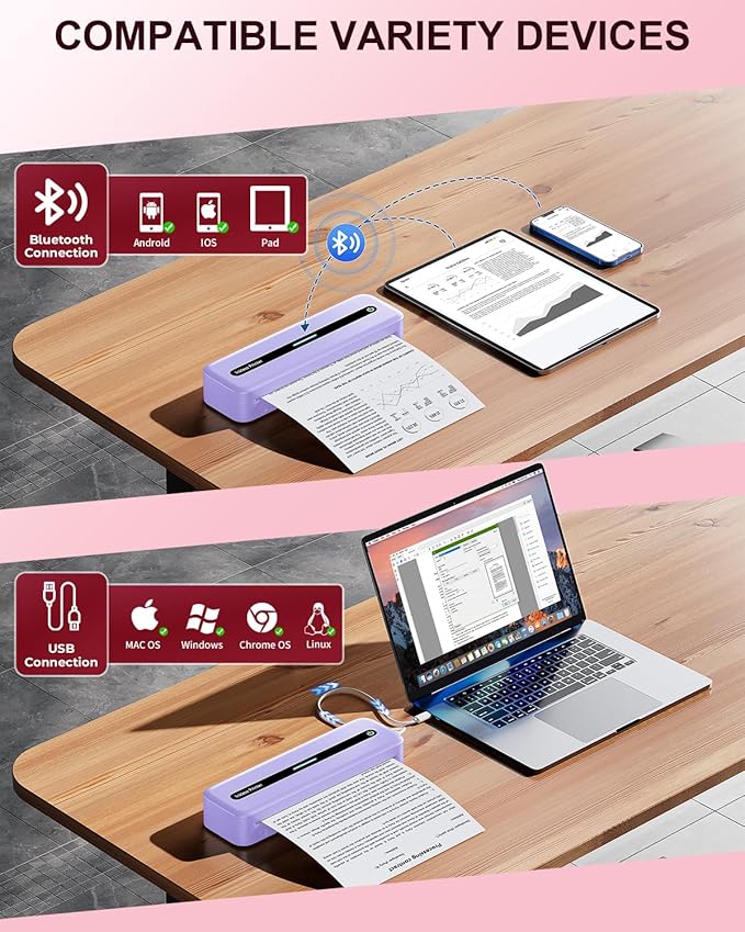 COLORWING Portable Printers Wireless for Travel, 300DPI Mini Compact Inkless Printer, Thermal Bluetooth Printer Compatible with Android and iOS Smartphone & Tablet & Laptop - Purple-DeskLoop Office