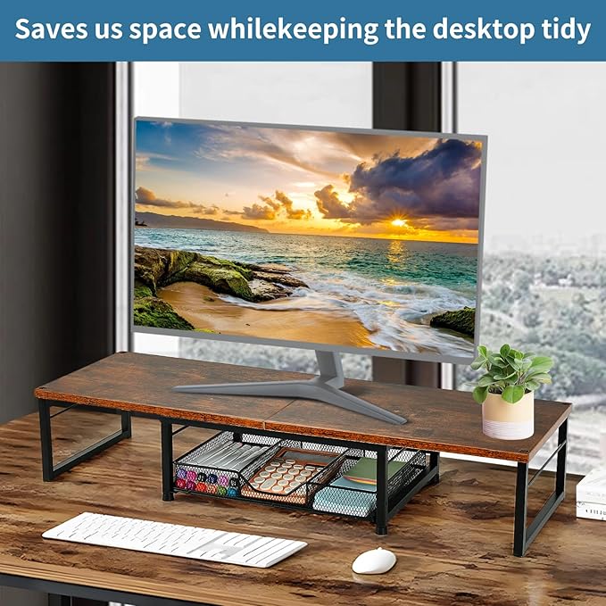 Dual Monitor Stand Riser, Desk Organizer with Drawer, Desk Organizers and Accessories, Workspace Organization Computer Monitor Stand for Laptop, Printer, TV, Office Supplies, Rustic Brown-DeskLoop Office