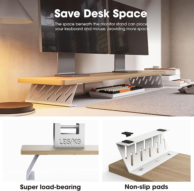 Fenge Dual Monitor Stand Riser, 42.5 Inch Desk Top Shelf for 2 Monitors, Computer Stands for Desk, Wood & Steel Desktop Riser for Laptop, PC, Printer-DeskLoop Office