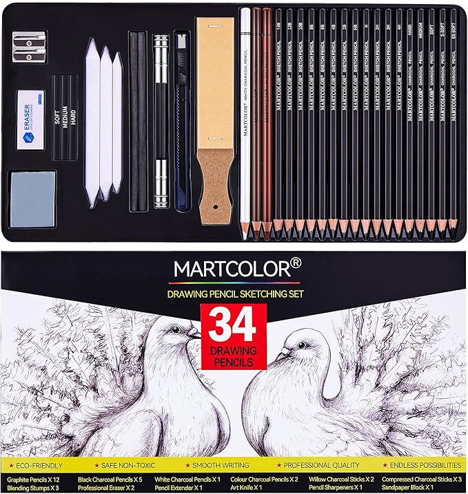 Drawing Sketching Pencils Set, 34 Pieces Pro Art Pencil Kit - Graphite Pencils (14B-4H), Charcoal Pencils, Charcoal Sticks, Artist Pencils for Beginners & Pro Artists-DeskLoop Office