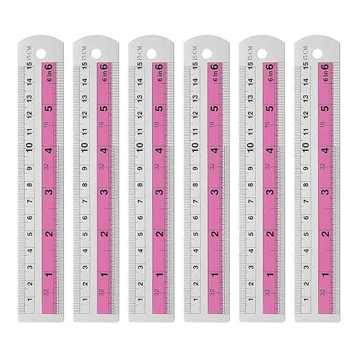 HARFINGTON 6pcs Metal Straight Ruler 15cm Metric SAE Aluminum Alloy Measuring Rulers Scale Tools with Hole for Measure Study Reading Classroom Office, Pink-DeskLoop Office