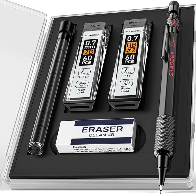 Mechanical Pencils 0.7mm with Case, Metal Weatherproof Body Outdoor Artist Mechanical Pencil with 120 PCS HB & 2B Lead Refills, Eraser, for Writing Drafting Drawing and Sketching-DeskLoop Office