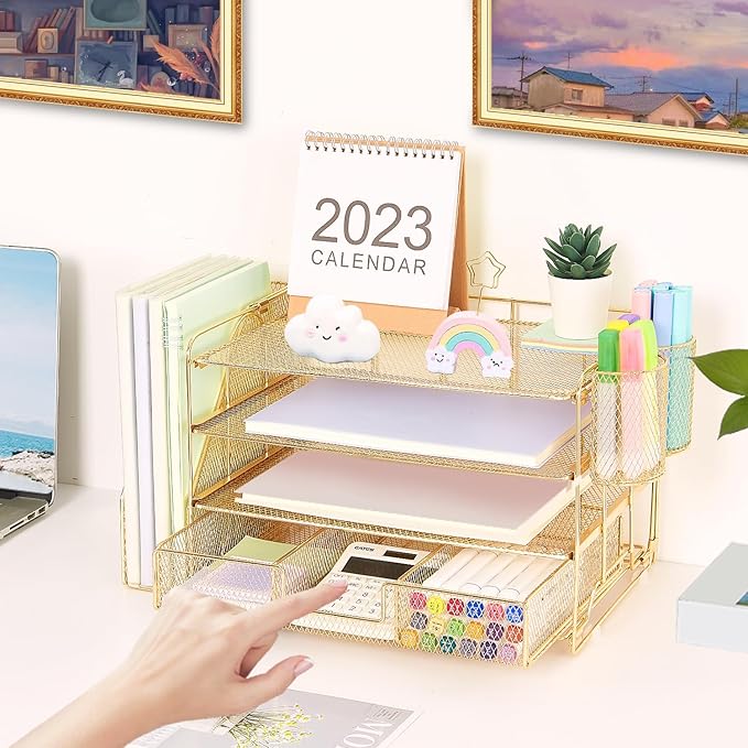 Desk Organizer and Accessories, 4-Tier Desktop File Organizer with Drawer and 2 Pen Holders, Office Desk Accessories for Office Supplies(Gold)-DeskLoop Office