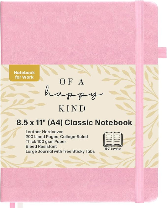 Classic Lined Journal Notebook 8.5x11" A4 Hardcover Leather - Pink - 200 Pages College Ruled Large with Sticky Tabs, Pockets, and Pen Loop for Writing and Journaling - Big Hardback Men and Women-DeskLoop Office
