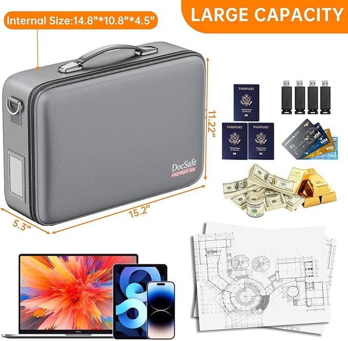 DocSafe Fireproof Document Box with Lock&Shoulder Strap,Hard Case File Organizer with Accordion File Folder,Multi-Layer Portable Home Office Travel Safe Storage for Important Documents Laptop Gray-DeskLoop Office