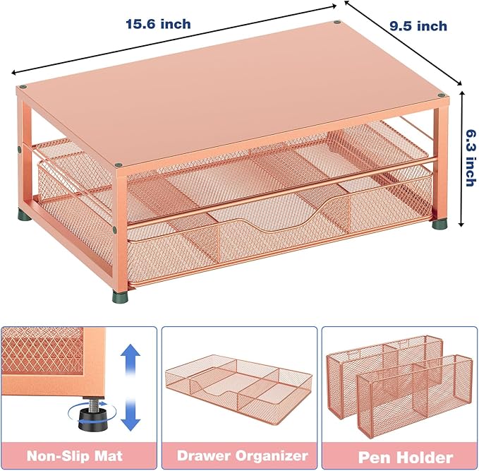 Desk Organizers and Accessories, 2-Tier Computer Monitor Stand with Drawer and 2 Pen Holders, Laptop Stand, Office Desk Accessories for Office Supplies, Rose Gold-DeskLoop Office