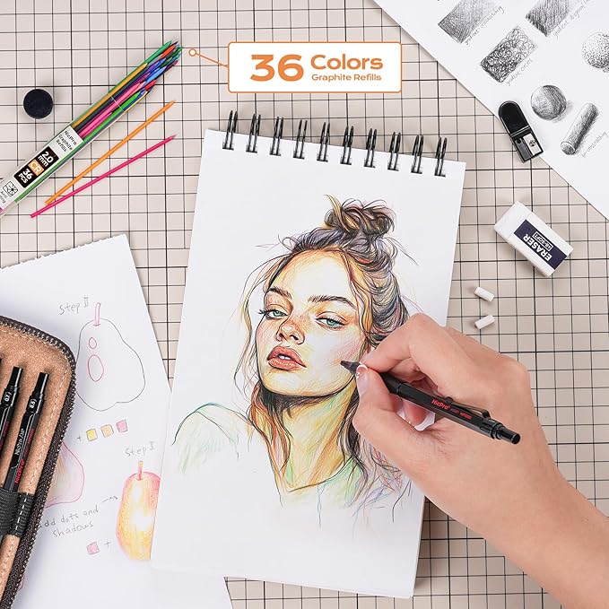 Nicpro 30PCS Black Metal Mechanical Pencil Set in Leather Case, Art Drafting Pencil 0.5, 0.7, 0.9 mm, 2mm Lead Pencil Holders for Sketching Drawing With 16 Tube (6B 4B 2B HB 2H 4H Colors)Lead Refills-DeskLoop Office