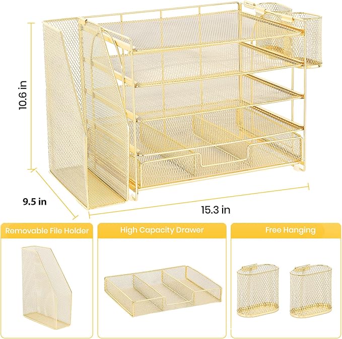 Desk Organizers and Accessories, 5-Tier Paper File Organizer with Drawer & Pen Holder, Office Desk Accessories Workspace Desktop Organizer for Office Supplies(Gold)-DeskLoop Office