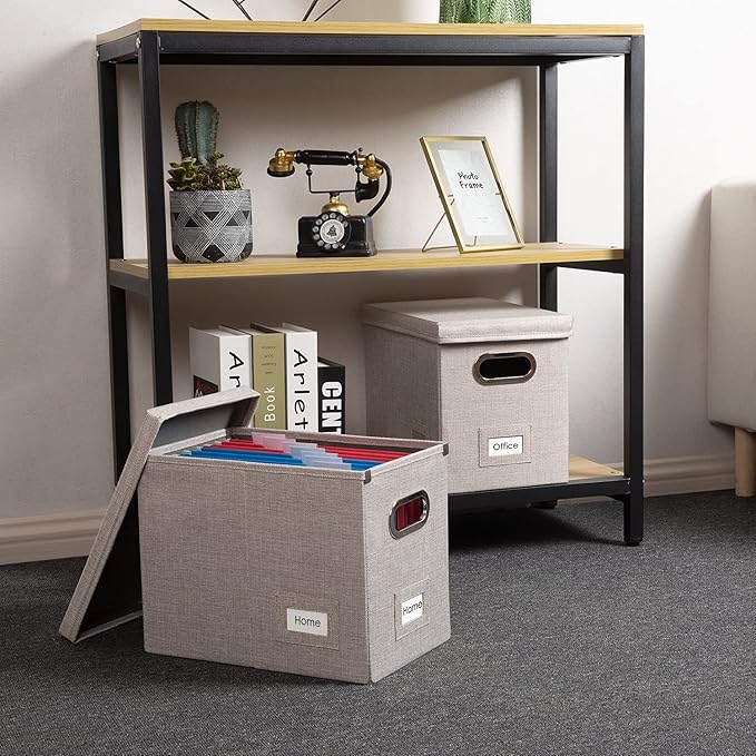 PRANDOM File Organizer Box - Set of 4 Collapsible Decorative Linen Filing Storage Hanging File Folders with Lids Office Cabinet Letter Size Light Grey (14x9.3x10.8 inch)-DeskLoop Office