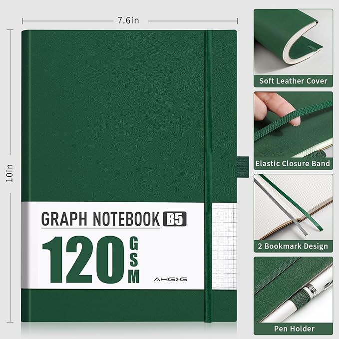 AHGXG Graph Paper Notebook - Grid Notebook Journal, 120 GSM Thick Graph Paper, Large B5 Notebook 96 Pages, Leather Softcover, for Graphing, Writing, Math, Engineering, 7.6'' X 10'' - Green-DeskLoop Office