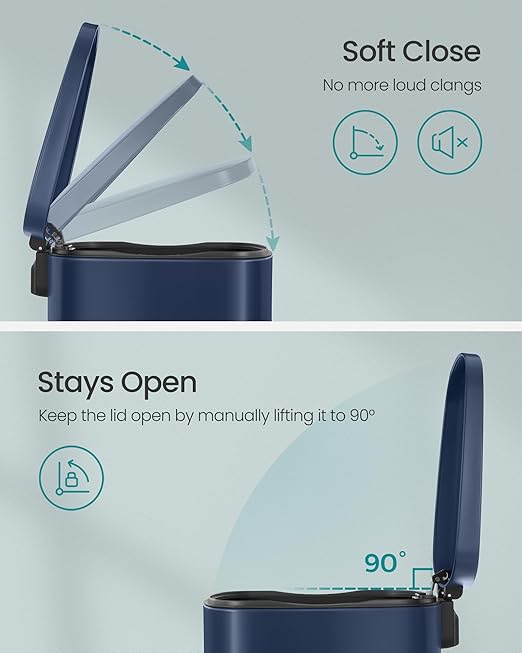 SONGMICS 13 Gallon (50 L) Trash Can, Stainless Steel Kitchen Garbage Can, Recycling or Waste Bin, Soft Close, Step-On Pedal, Removable Inner Bucket, Midnight Blue ULTB050L01-DeskLoop Office