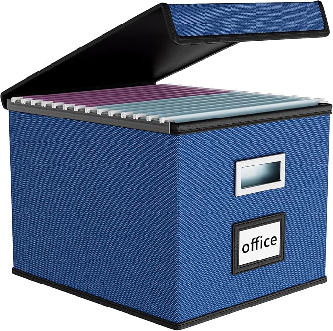 Huolewa Decorative File Organizer Box Office Document Storage with Lid, Portable Collapsible Linen Hanging Filing & Storage Boxes for Office/Decor/Home (Royal Blue) - 14.9 x 12.7 x 10.8 inch - 1Pack-DeskLoop Office