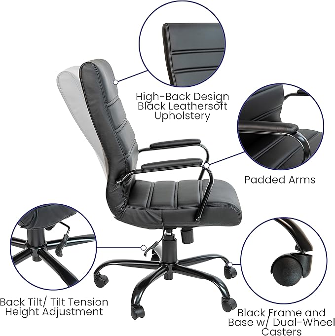 Flash Furniture Whitney High-Back Swivel LeatherSoft Desk Chair with Padded Seat and Armrests, Adjustable Height Padded Office Chair, Black-DeskLoop Office