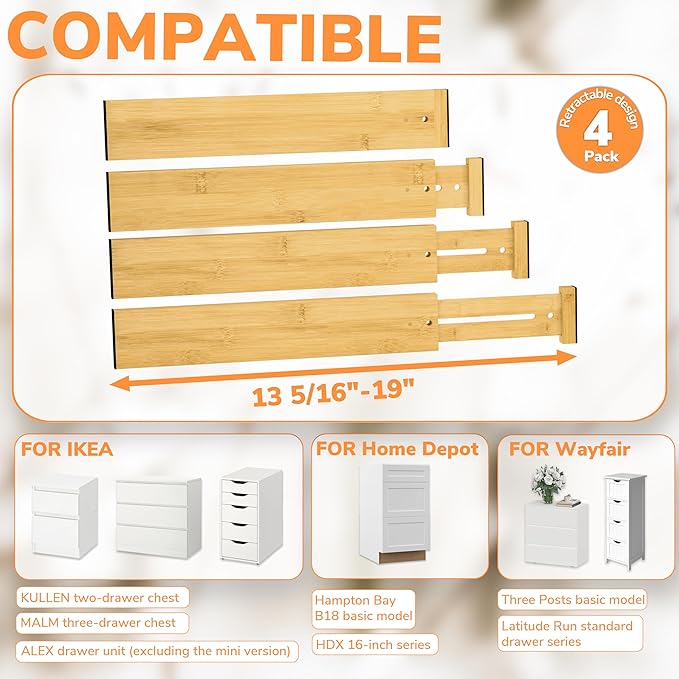 BAMEOS Drawer Divider,Expandable Bamboo Separators Adjustable Utensil Knife Fork Tool Kitchen Organizer, Clothes Fabric Drawer Organizer In Bathroom Bedroom Office, Cabinet Dresser Organizer 4-pack-DeskLoop Office