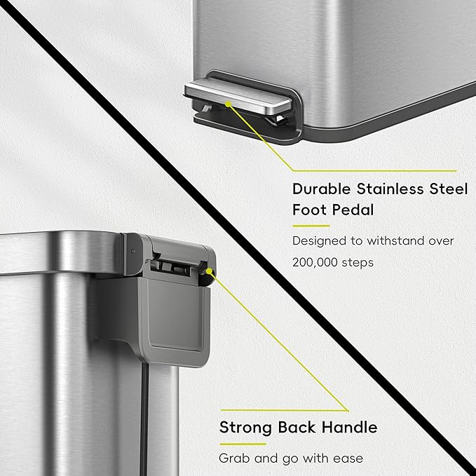 EKO Hudson Slim 50L / 13.2 Gallon Kitchen Trash Can with Lid, Stainless Steel Step Garbage Can for Kitchen or Home, Space-Saving Garbage Can with Soft Close Lid, Stay-Open, Liner Ring, Handle-DeskLoop Office