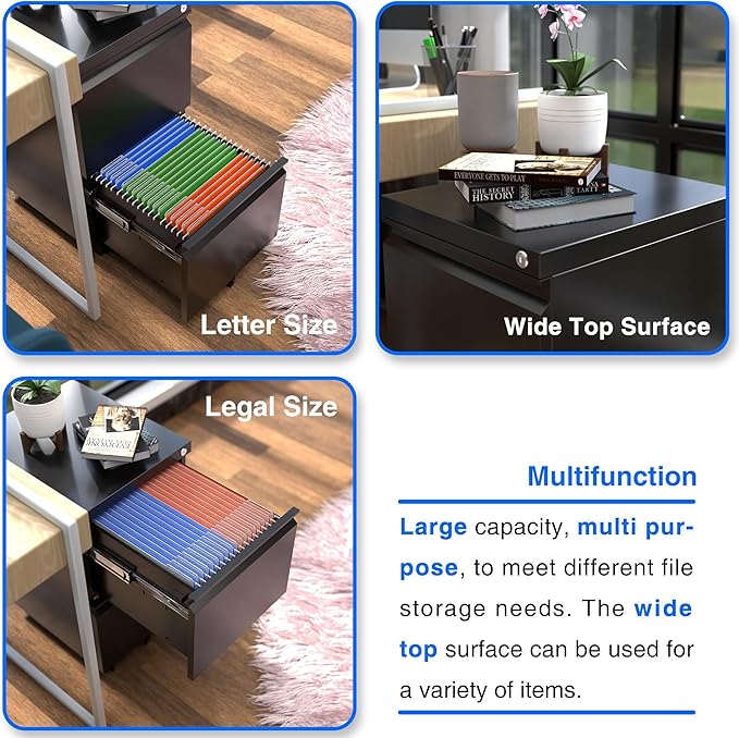 Aobabo 2 Drawer File Cabinet, Lockable Metal Filing Cabinet with Wheels for Home Office, Legal/Letter Size, Fully Assembled Except Wheels, Black-DeskLoop Office
