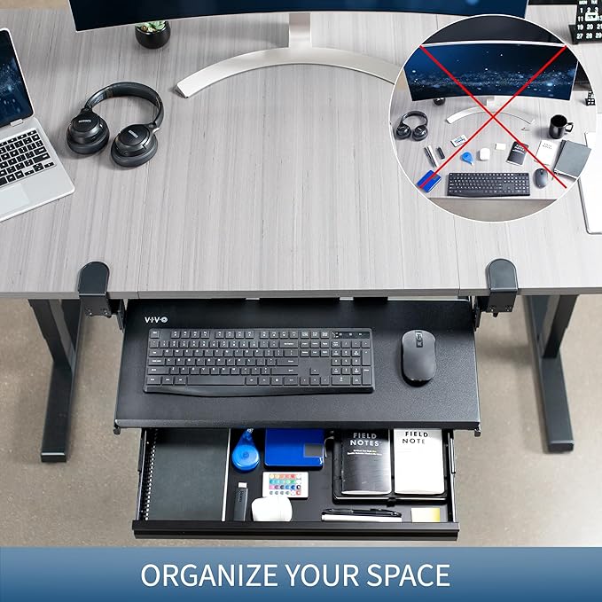 VIVO Large Height Adjustable Clamp-on Keyboard Tray, Extra Sturdy Pull Out Platform with Storage Drawer, 27 (33 Including Clamps) x 11 inch Slide-Out Tray with Organizer, Black, MOUNT-KB05HB-DR-DeskLoop Office
