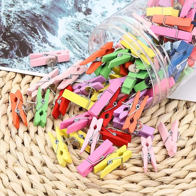 50Pcs Wooden Clips Push Pins Tacks for Cork Board Artwork for Crafts Arts Projects Photo Supplies(Colorful)-DeskLoop Office