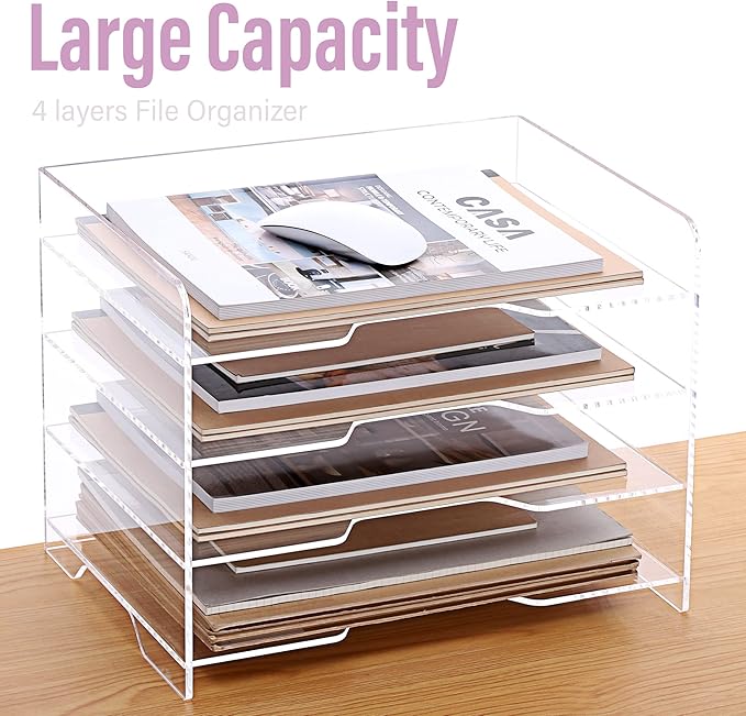 SANRUI Acrylic Paper Organizer Letter Tray for Desk, 4 Tier Enlarged File Sorter,Clear File Holder Desktop Shelf Document Storage for School Office Home-DeskLoop Office