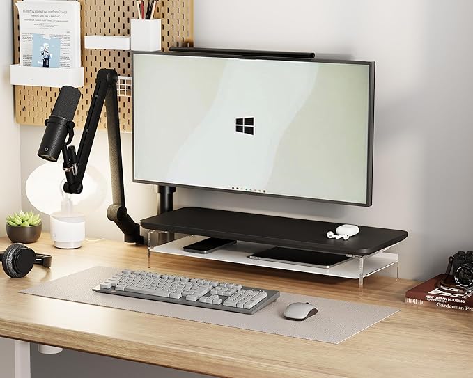 Fenge Acrylic Monitor Stand Riser, 23.6 Inches Monitor Stand with Metal Storage, 2 Tier Acrylic Computer Riser for Desk, Clear Laptop Stand for PC, Laptop, Printer, TV-DeskLoop Office