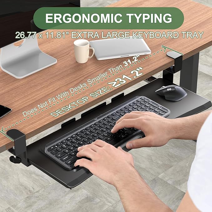 Large Keyboard Tray Under Desk - Slide Out with Sturdy C-Clip Mount System, 27 (31.2 Including Clamps) X 11.81 Put-Out Keyboard Tray Computer Drawer for Ergonomic Typing, Black-DeskLoop Office