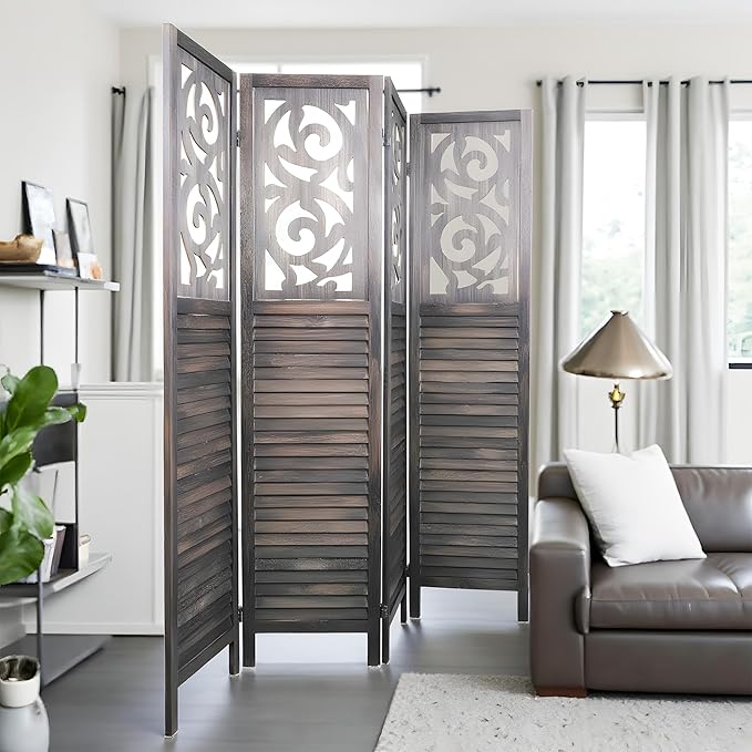 Room Divider, 5.6FT Folding Room Divider Panel, 4 Panel Craved Wood Partition Wall Divider for Room Separation, Rustic Brown-DeskLoop Office
