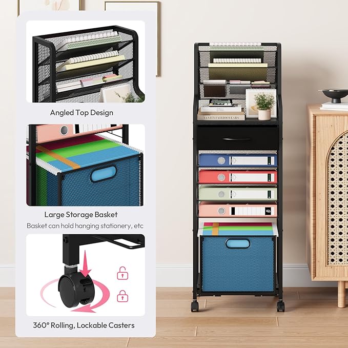 SWTYMIKI 10-Tier Rolling File Cart - Mesh Paper Organizer with Drawer and Hanging File Folders on Lockable Wheels, Wood Teacher Cart for Office Organization, Storage in Home, Studio, School (Black)-DeskLoop Office