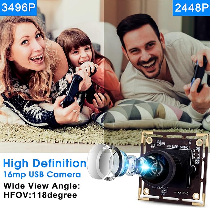 ELP 16MP Wide Angle USB Camera Module for Raspberry Pi and Computer 4K Mini UVC USB2.0 Video Webcam Board with 118degree No Distortion Lens IMX298 Industrial PC Lightburn Camera for Laptop,Jetson Nano-DeskLoop Office