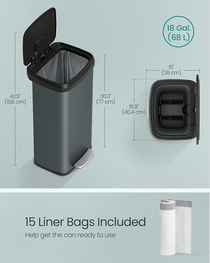 SONGMICS Kitchen Trash Can, 18-Gallon Stainless Steel Garbage Can, with Stay-Open Lid and Step-on Pedal, Soft Closure, Tall, Large and Space-Saving, Charcoal Gray and Black ULTB520G01-DeskLoop Office