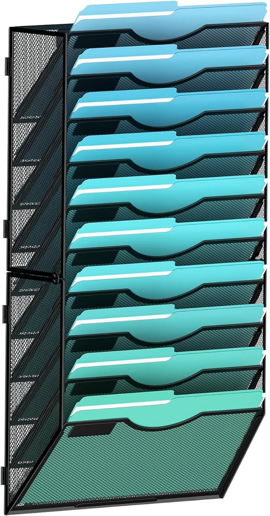 10-Tier Wall File Organizer Hanging Wall File Holder Wall Mount Paper Folder Organize, Mesh Magazine Document Mail Organizer Wall Organizer for Office School Home, Black-DeskLoop Office