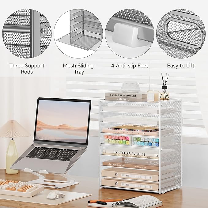SUBEKYU 9 Tier Paper Letter Tray Desk Organizer with Handles - White Metal Mesh File Holder Paper Sorter Desk Organizer for Office Home School, Include 6 Pcs Adjustable Slid Tray, 6 Colors Available-DeskLoop Office