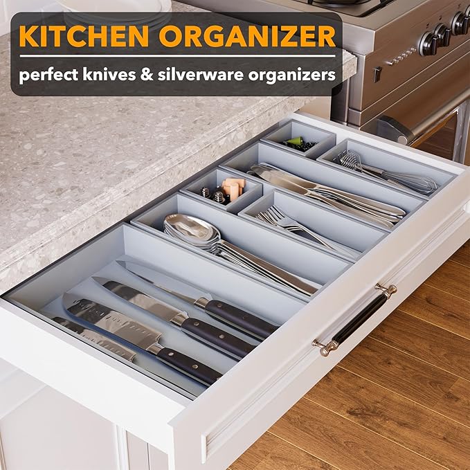 SpaceAid 7-Piece Bamboo Drawer Organizer Storage Boxes Set, Wood Tray Junk Drawer Organizers Multi-Use Divider Bins for Kitchen, Bathroom, Office Desk and Makeup Organization (7 Pack, Gray)-DeskLoop Office