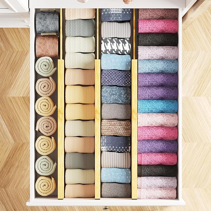 SpaceAid Bamboo Dresser Drawer Dividers 6 Pack, 4.65“ High Adjustable 17“-22” Drawer Organizers, Expandable Organization for Clothing, Clothes, Dressers, Natural-DeskLoop Office